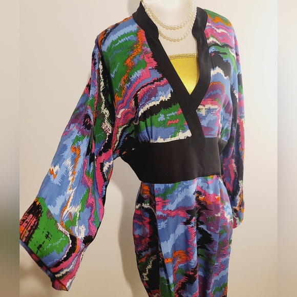 Anthropologie Plenty By Tracy Reese Muticolored Abstract 100% Silk Kimono Dress - Picture 1 of 15